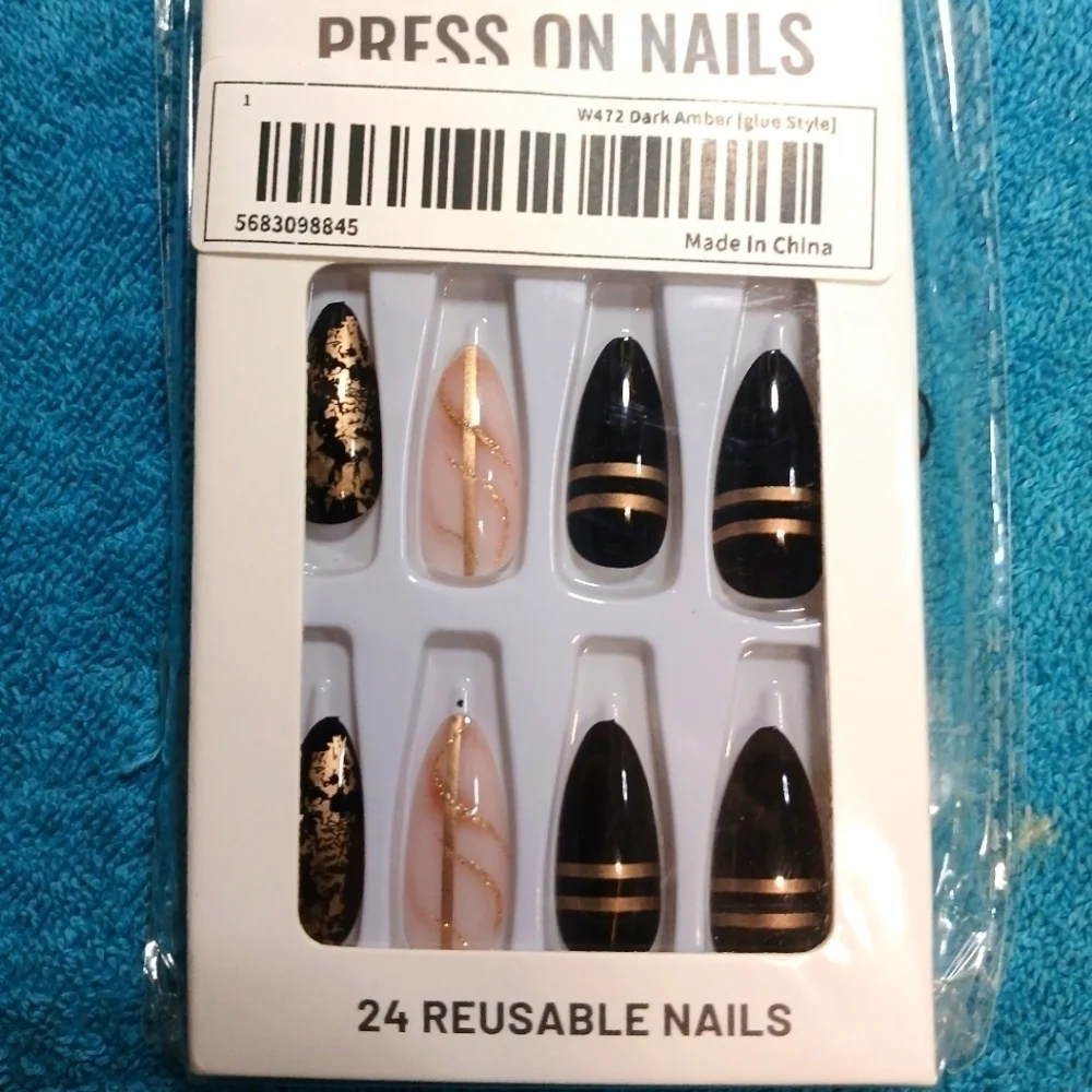 Black gold pink press on nails reusable 24 piece kit new